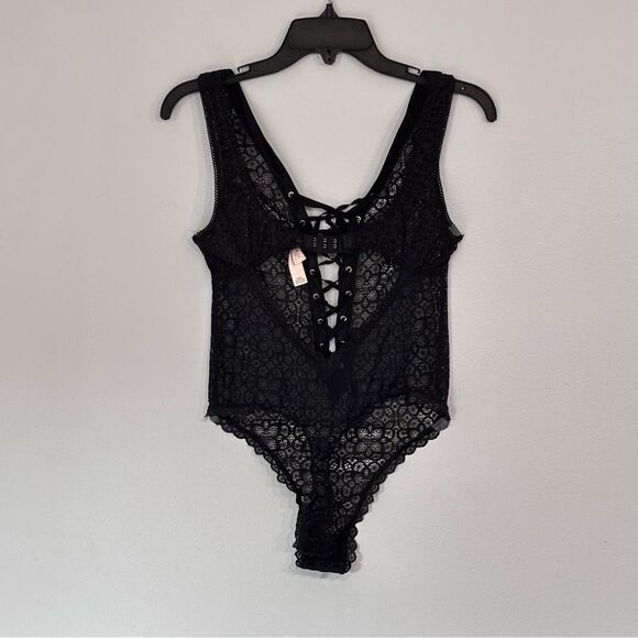 Victorias Secret | Dream Angels Sheer Black Lace Up Thong Teddy Bodysuit Medium - Picture 3 of 16